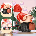 Santa-shaped bubble machine with bubble-making feature on a green background
