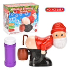 Toy Santa Claus blowing bubbles with packaging and accessories on a white background