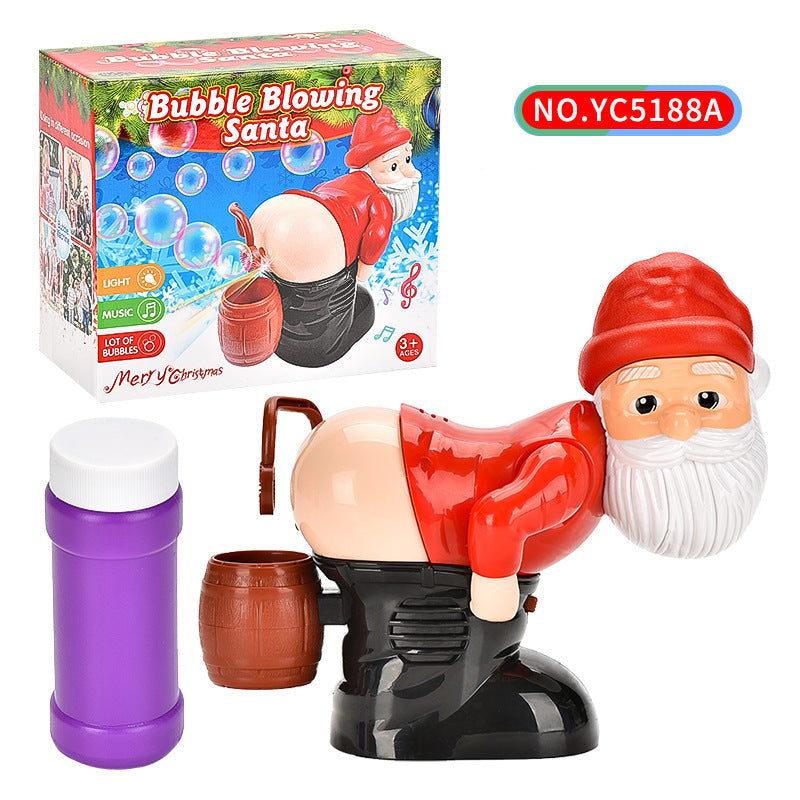 Toy Santa Claus blowing bubbles with packaging and accessories on a white background