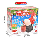 Box of a bubble blowing Santa toy with dimensions and product details.