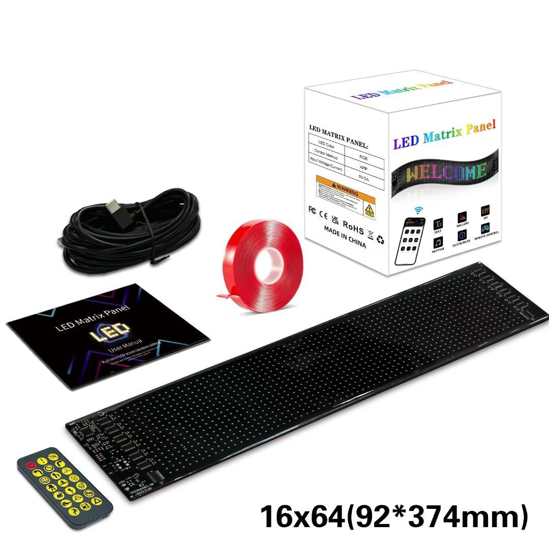 LED Matrix Panel kit with packaging, cable, ribbon, and remote control on a white background.
