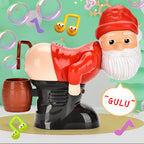 Toy figure of a santa with a barrel, surrounded by musical notes and bubbles on a green background.