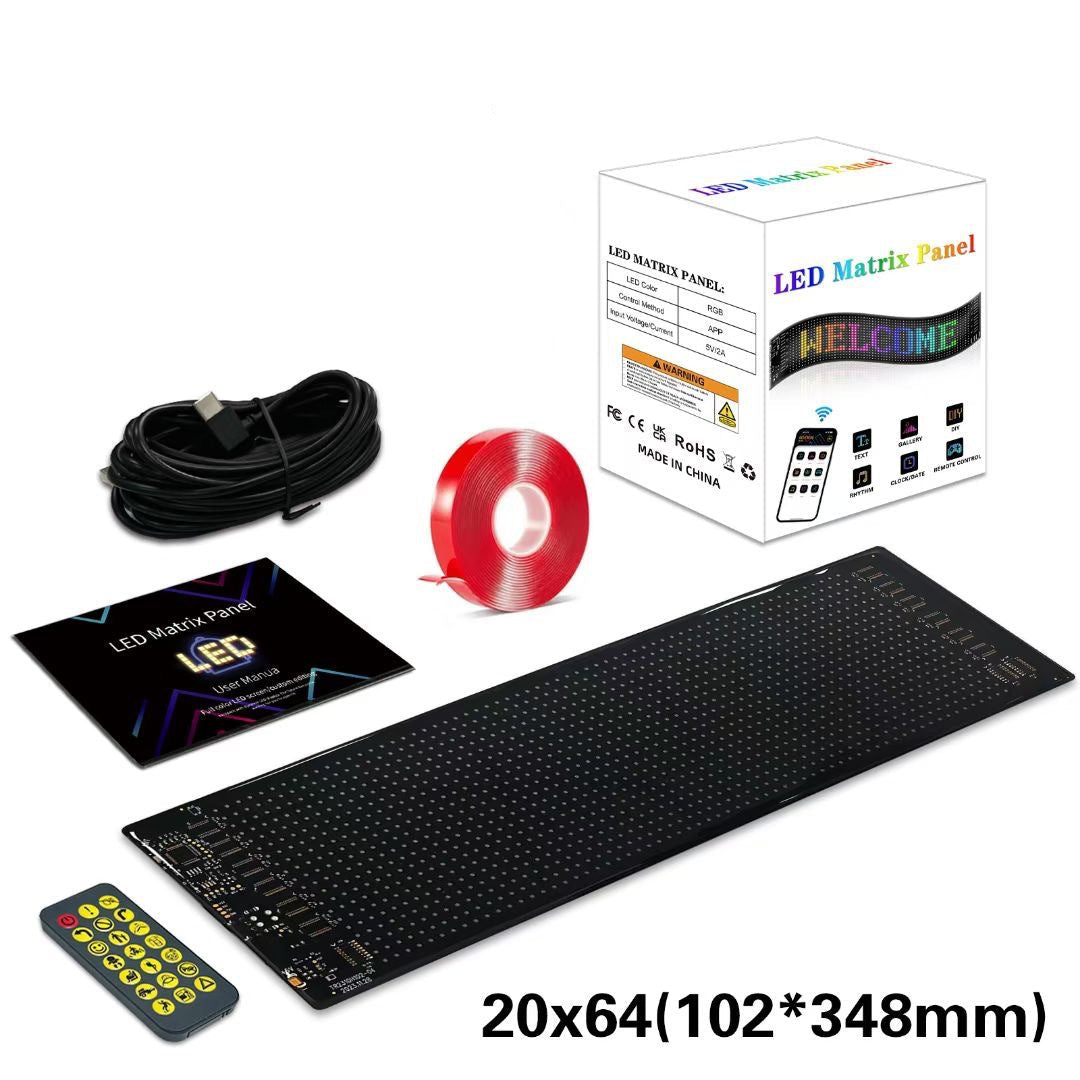LED Matrix Panel kit with packaging, cable, ribbon, and remote control on a white background.